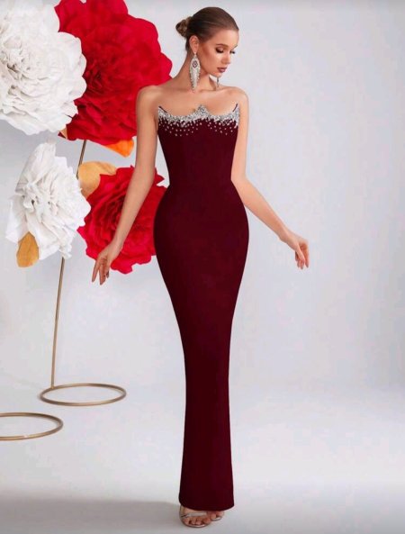 فستان كرة مرتفع الخصر بدون ظهر مزين بالراين ستون مع شق، مناسب لحفلات التخرج، الحفلات، السهرات،حفلات الزفاف، الحفلات الرسمية